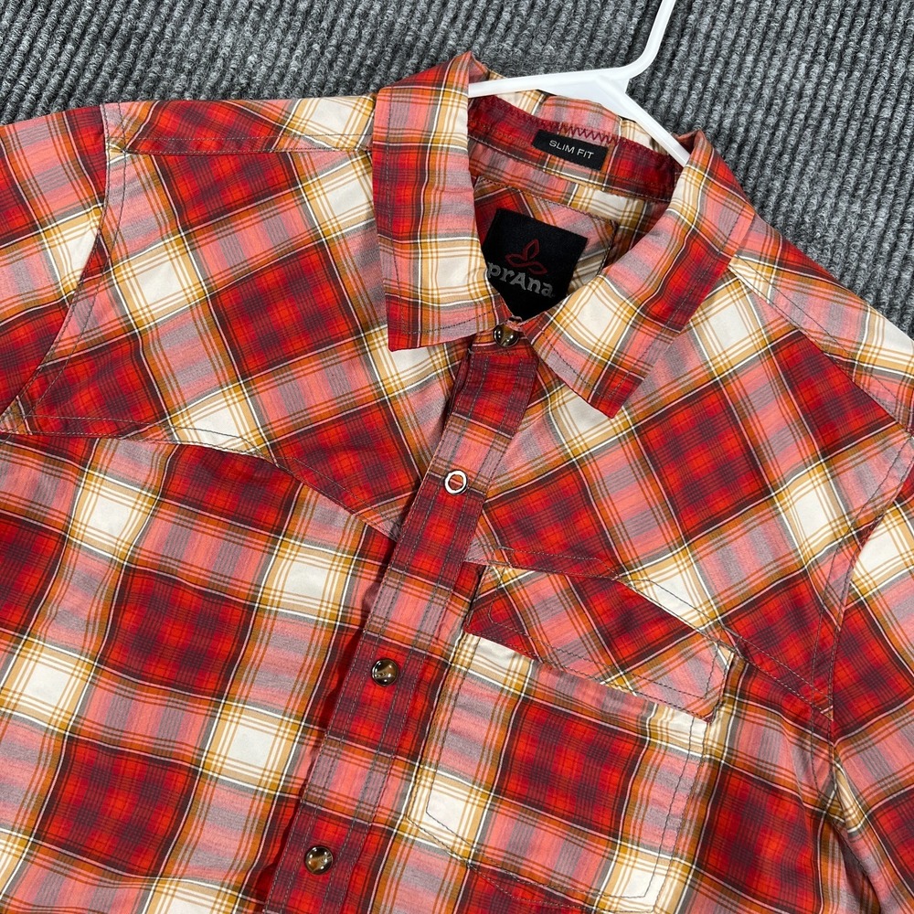 Prana Shirt Mens Medium Red Plaid Short Sleeve Pearl Snap Slim Fit Outdoor Hike